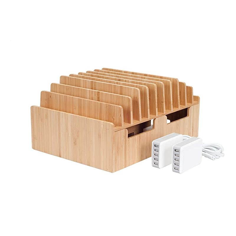 10-Port Bamboo Charging Station Includes 2 Powermod 5 USB Port Chargers for Smartphones & Tablets