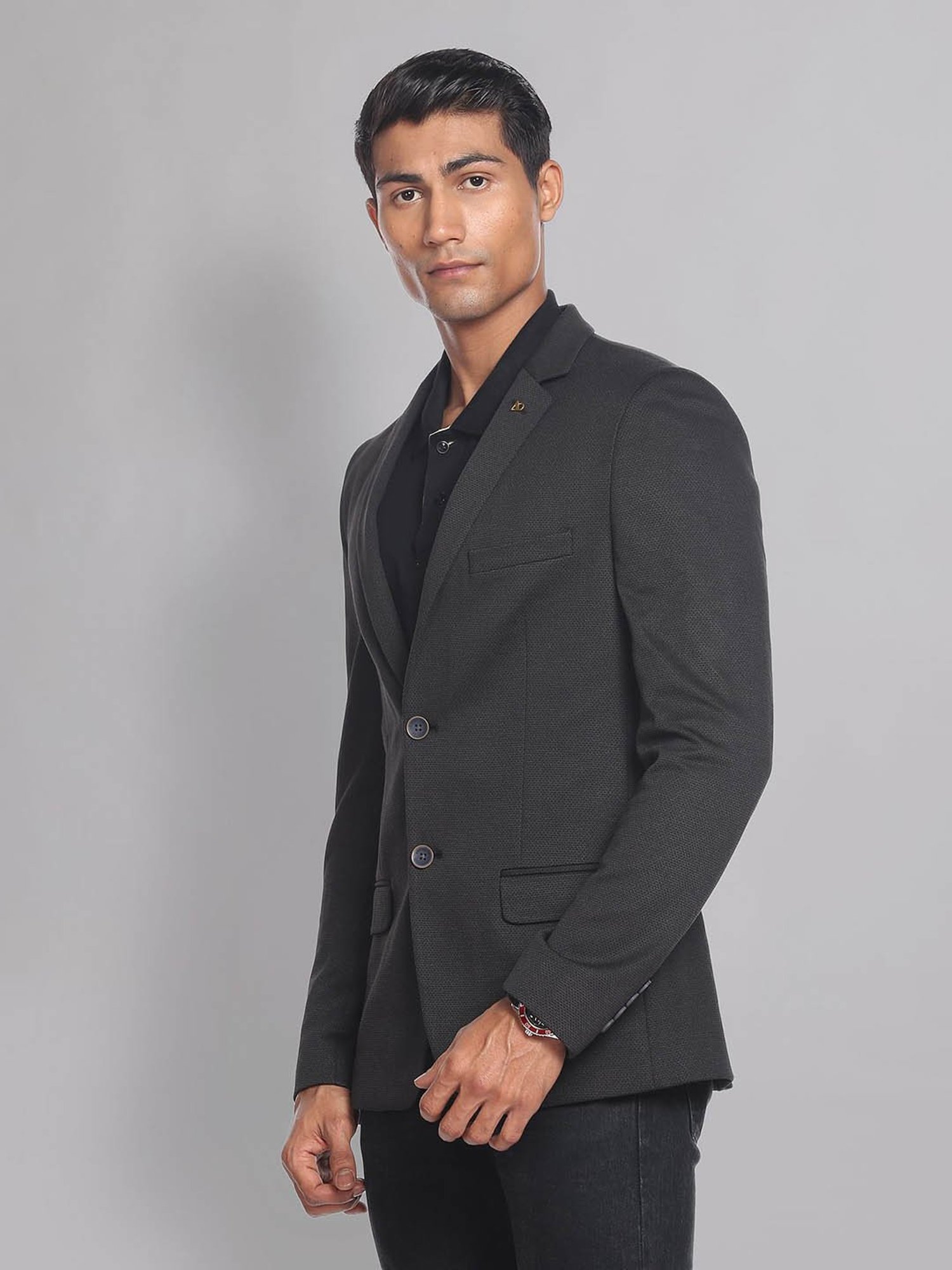 AD by Arvind Black Slim Fit Self Design Blazer