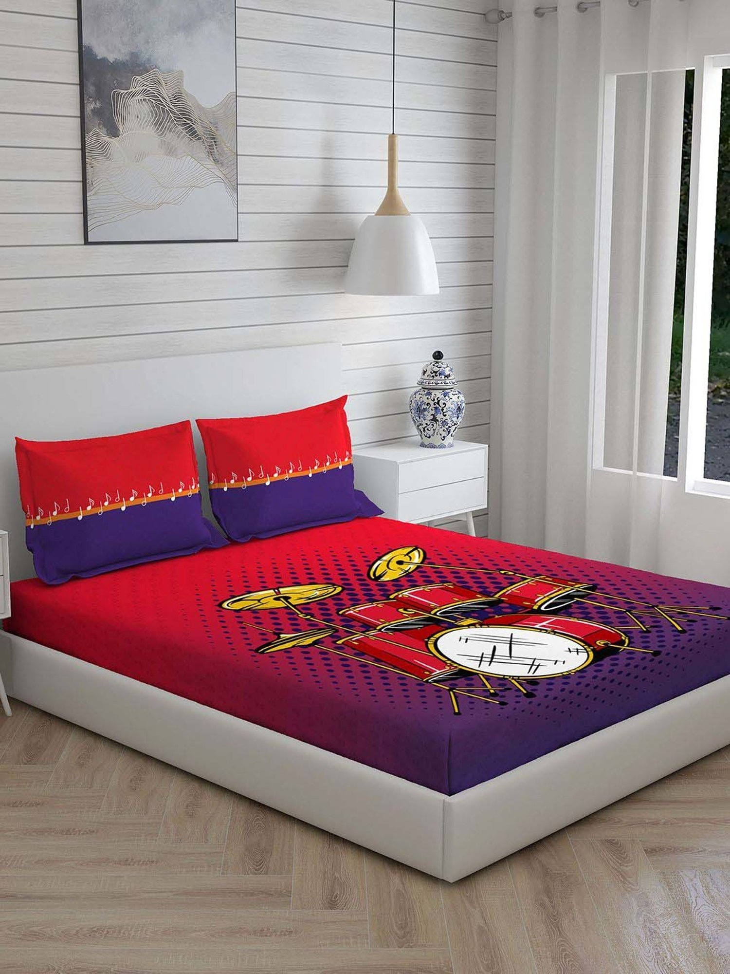 Boutique Living Musically Yours Red & Blue Cotton 140 TC King Size Bed Sheet with Pillow Cover