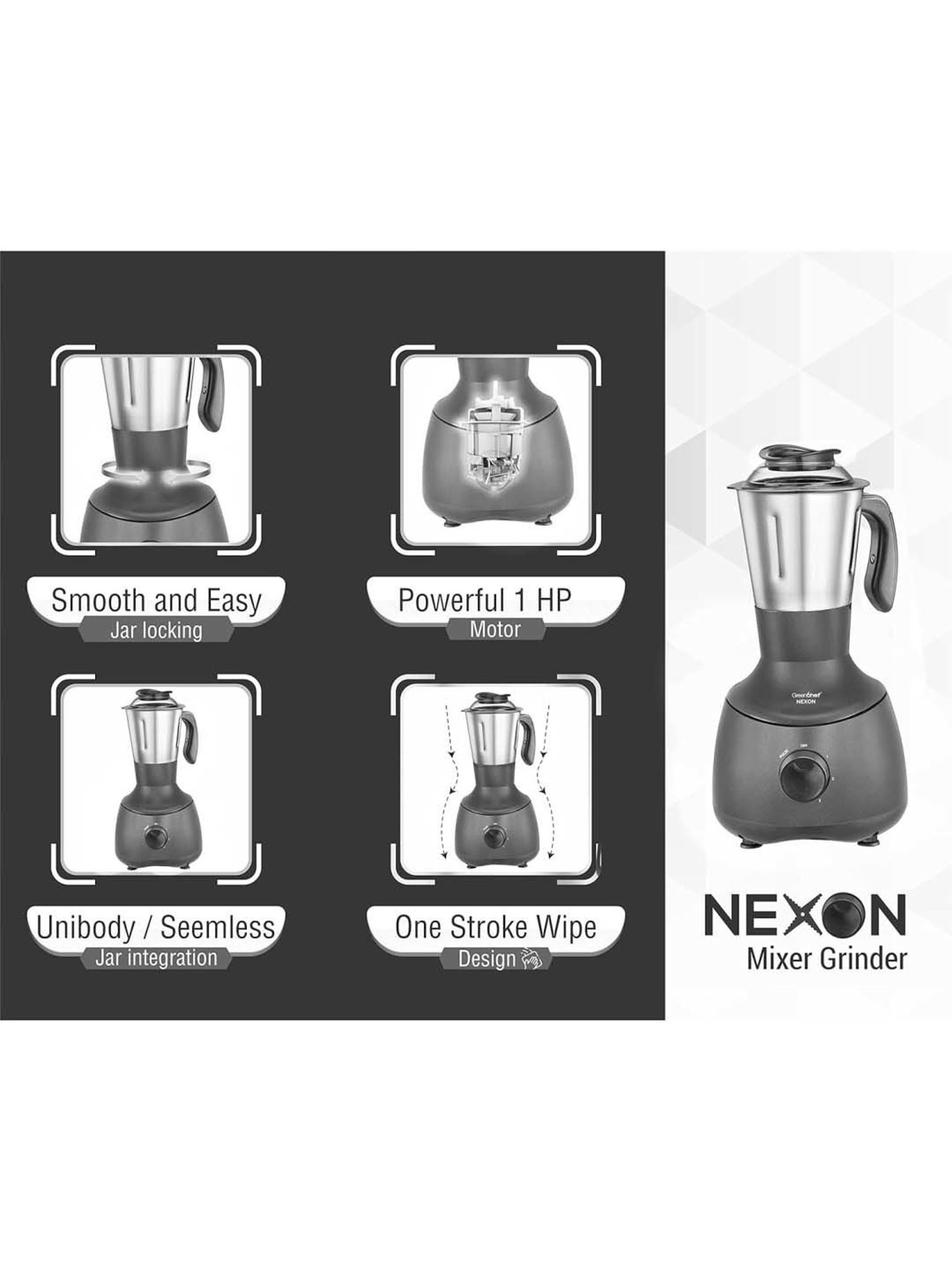 Greenchef Nexon Grey Plastic 1000W Mixer Grinder
