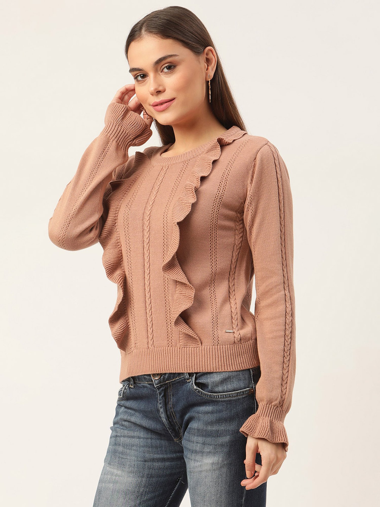 Elle Light Brown Round Neck Sweater