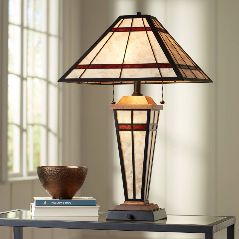 Franklin Iron Works Mission Rustic Table Lamp with Nightlight LED Bronze Tiffany Style Light Mica Living Room Bedroom Bedside