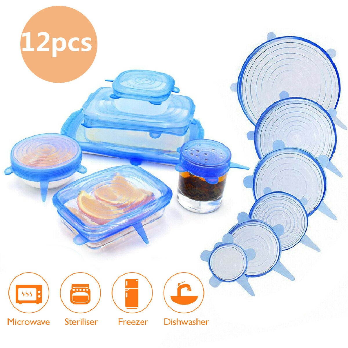 12pcs Stretch Reusable Silicone Bowl Food Storage Wraps Cover Seal Fresh Lids US