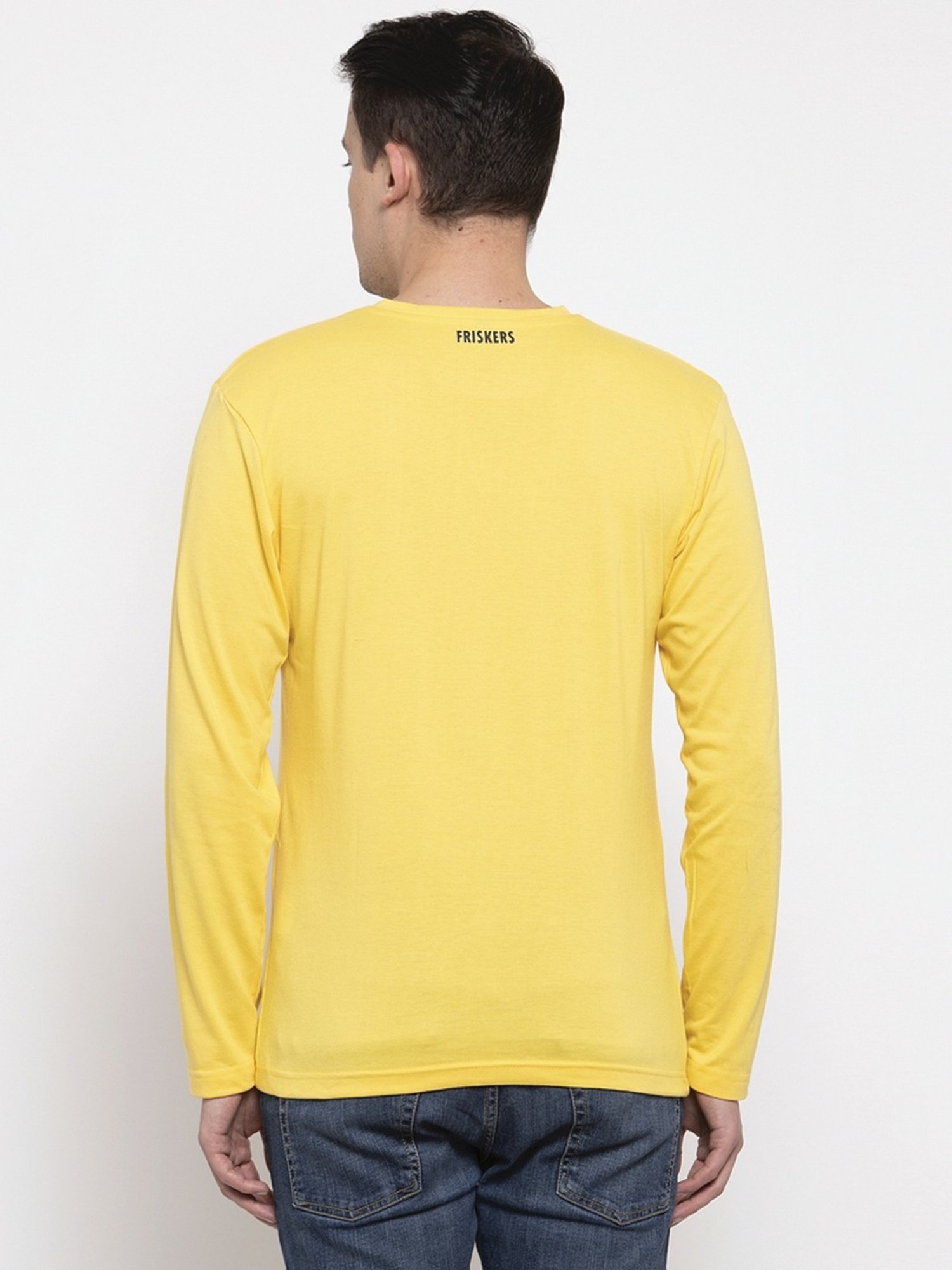 Friskers Yellow Cotton Slim Fit Printed T-Shirt