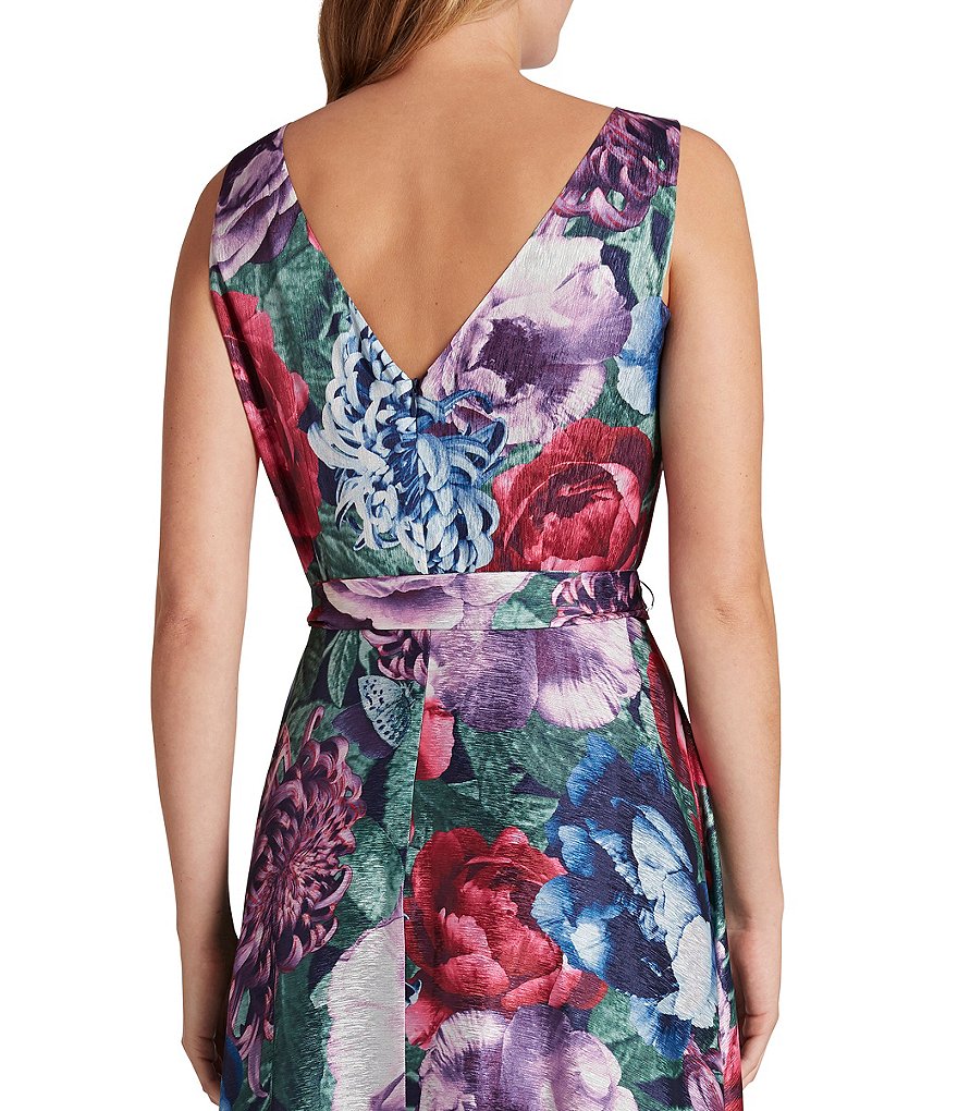 Tahari ASL Sleeveless Boat Neck Tie Waist Rose Gown