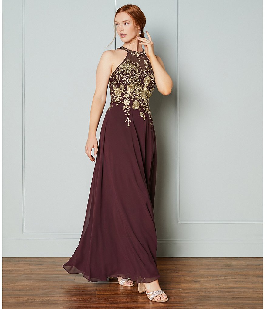 Betsy & Adam Halter Floral Embroidered Sleeveless Chiffon Gown