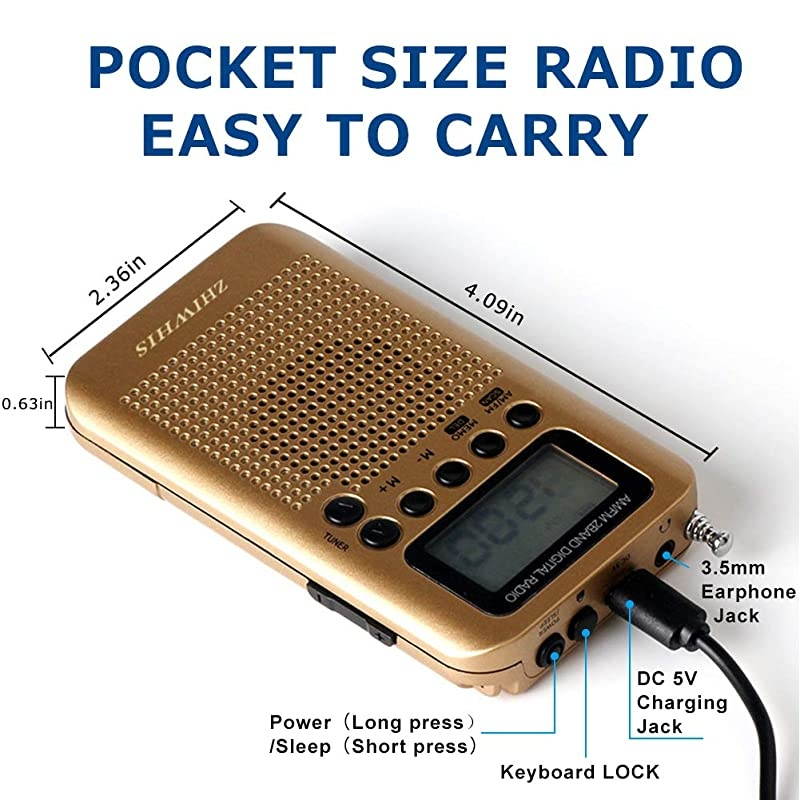 Mini LCD AM FM Battery Operated Portable Pocket Radio with Built-in Speaker and 3.5mm Headphone Jack, Powered by 2AAA Battery Digital Alarm for Walking,Travel