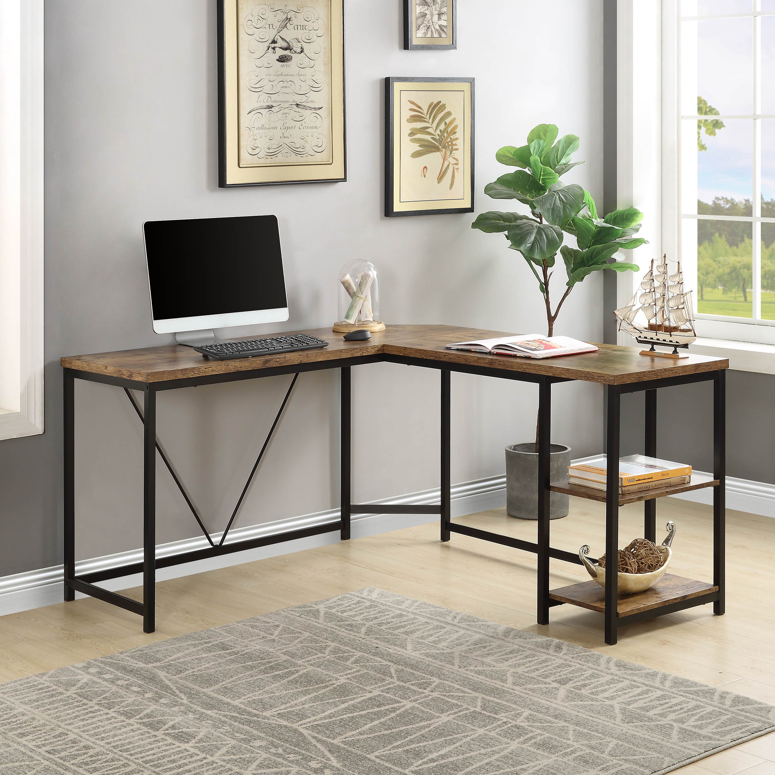 Home Office Desk L-Shaped Computer Desk Gaming Desk with 2-Tier Storage Shelves