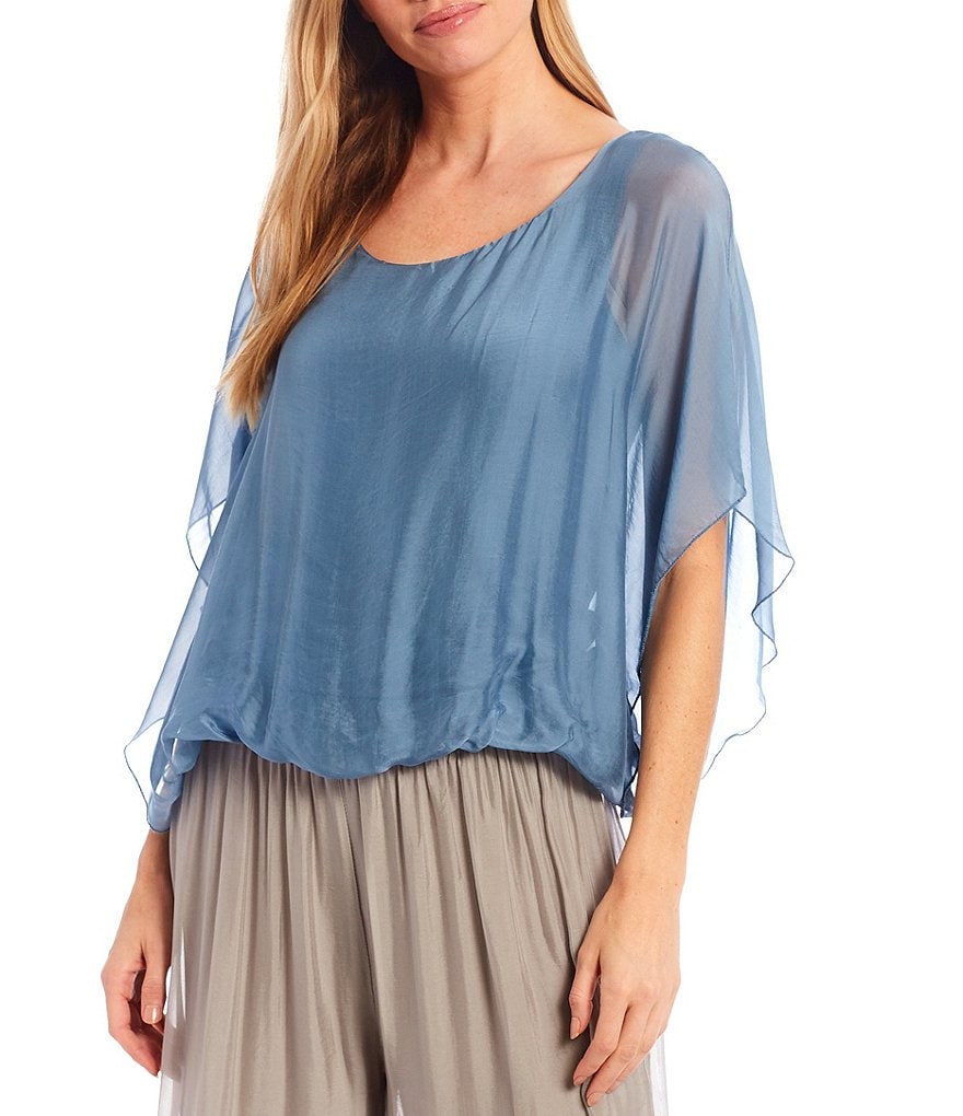 M Made in Italy Silk Blend Scoop Neck Short Flutter Sleeve Poncho Top