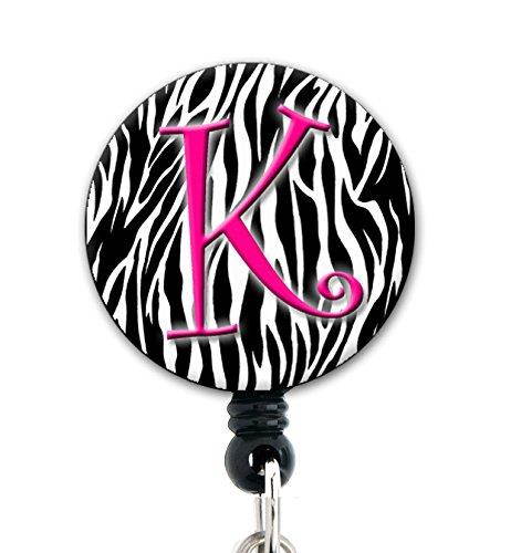 K Initial Zebra Pink - Retractable Badge Reel With Swivel Clip and Extra-Long 34 inch cord - Badge Holder