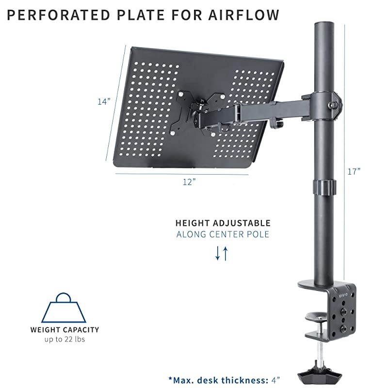Single Laptop Notebook Desk Mount Stand - Fully Adjustable Extension with C Clamp (STAND-V001L)