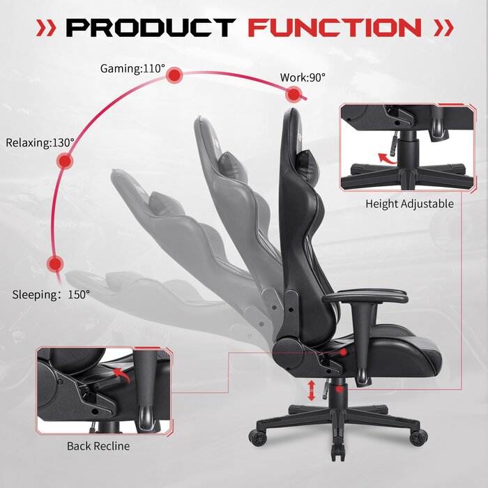 Furmax Gaming Office Chair Ergonomic High-Back Racing Style Adjustable Height Executive Computer Chair, PU Leather Swivel Desk Chair (Black/Grey)