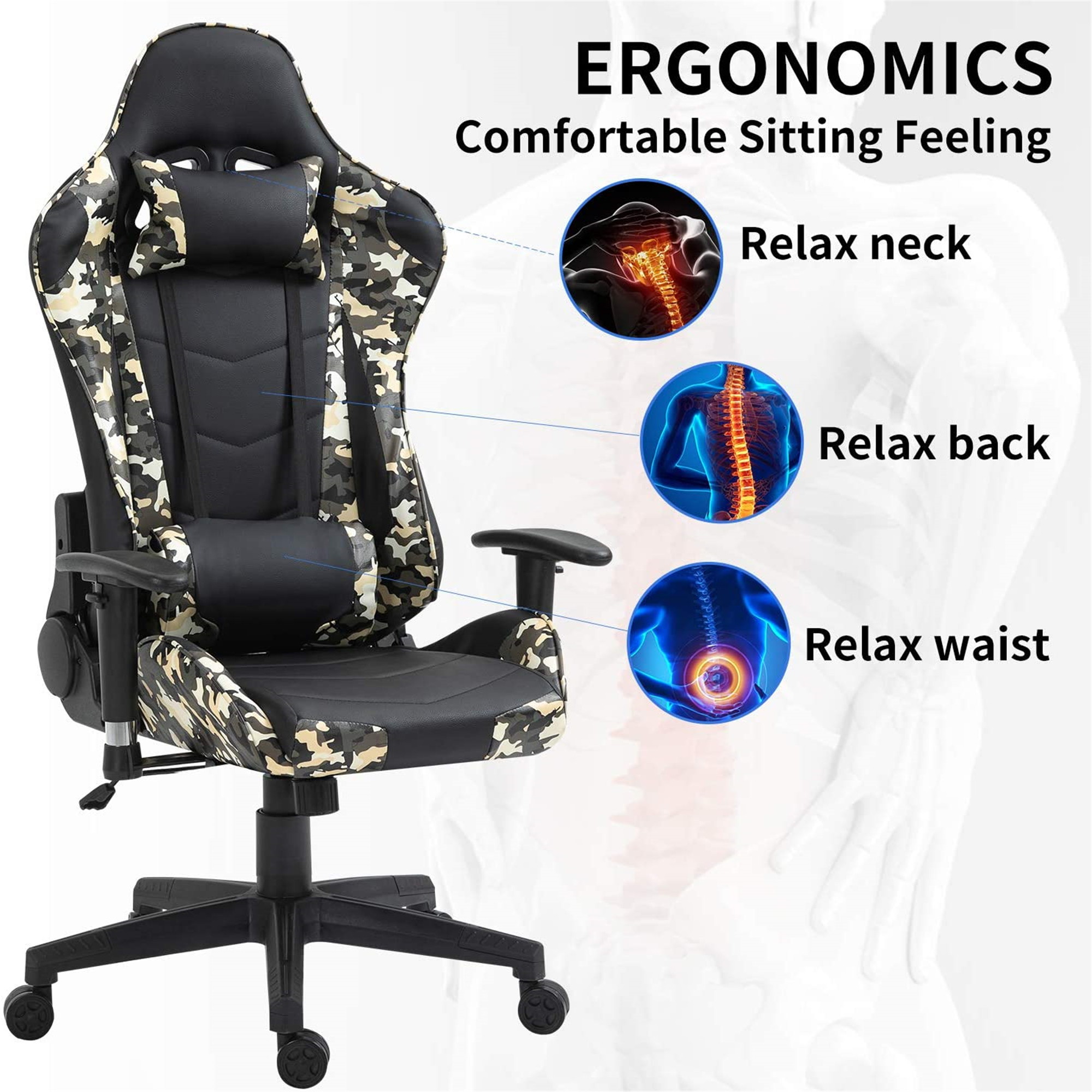 Ergonomic Gaming Chair Racing Chair E-Sports Chair Home Office Chair Computer Game Chair Backrest and Seat Height Adjustable Chair with PU Leather Lumbar Support and Headrest
