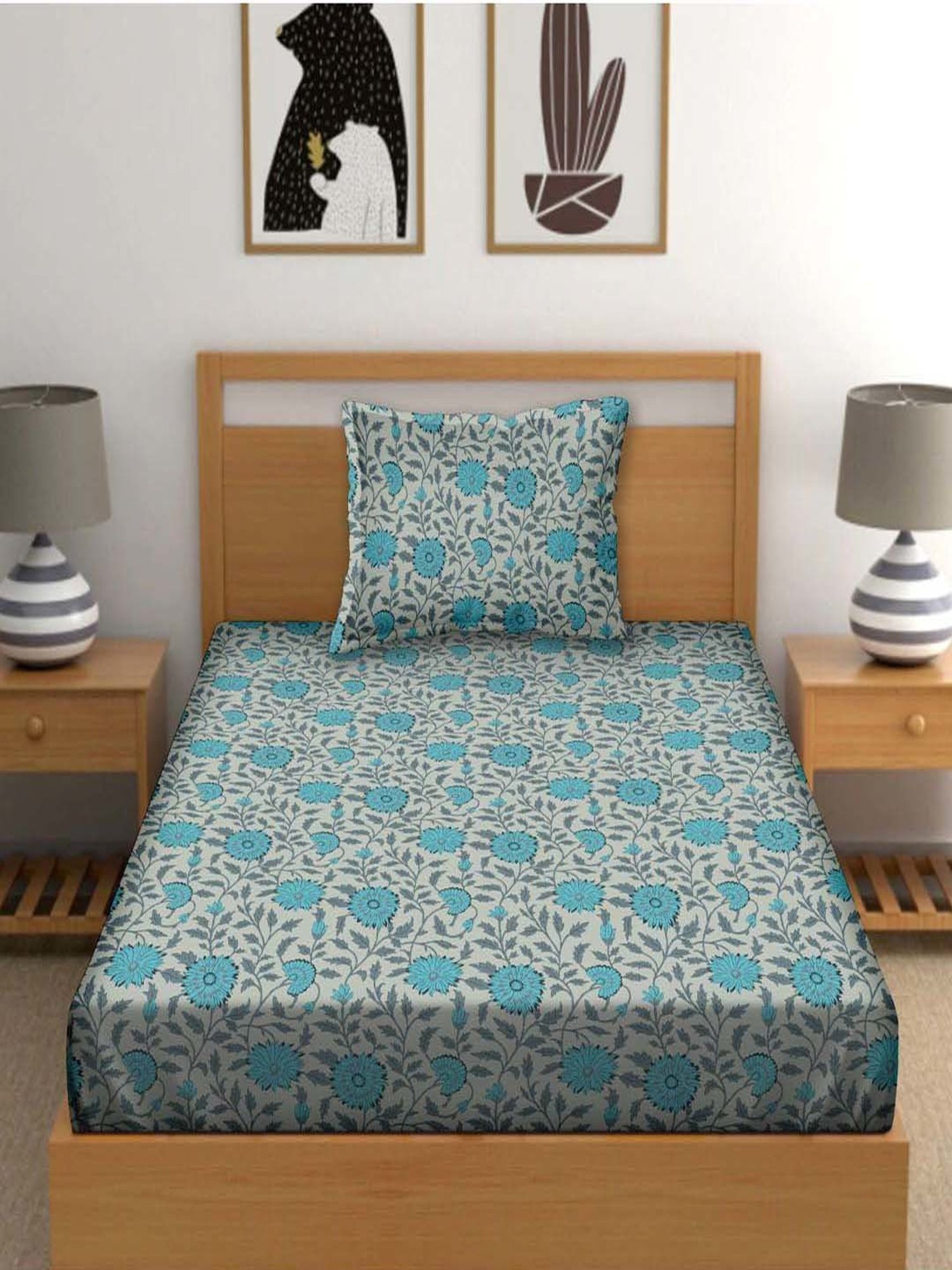 BELLA CASA Cuddle Floral Teal Blue 150 TC Cotton Single Bedsheet with 1 Pillow Cover