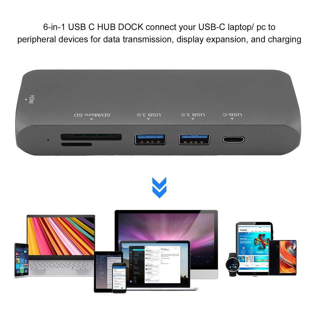 6-in-1 USB-C Dock USB 3.1 Type-c Multi-ports Hubs 4K Adapter with Hidden Cable