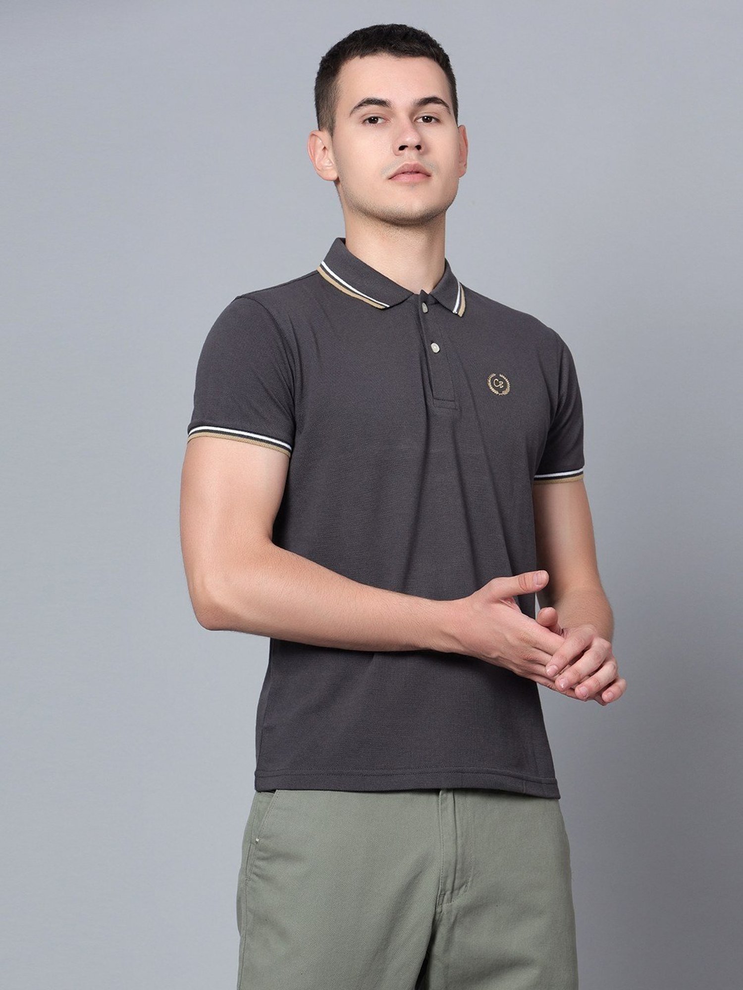 Cantabil Dark Grey Cotton Regular Fit Polo T-Shirt