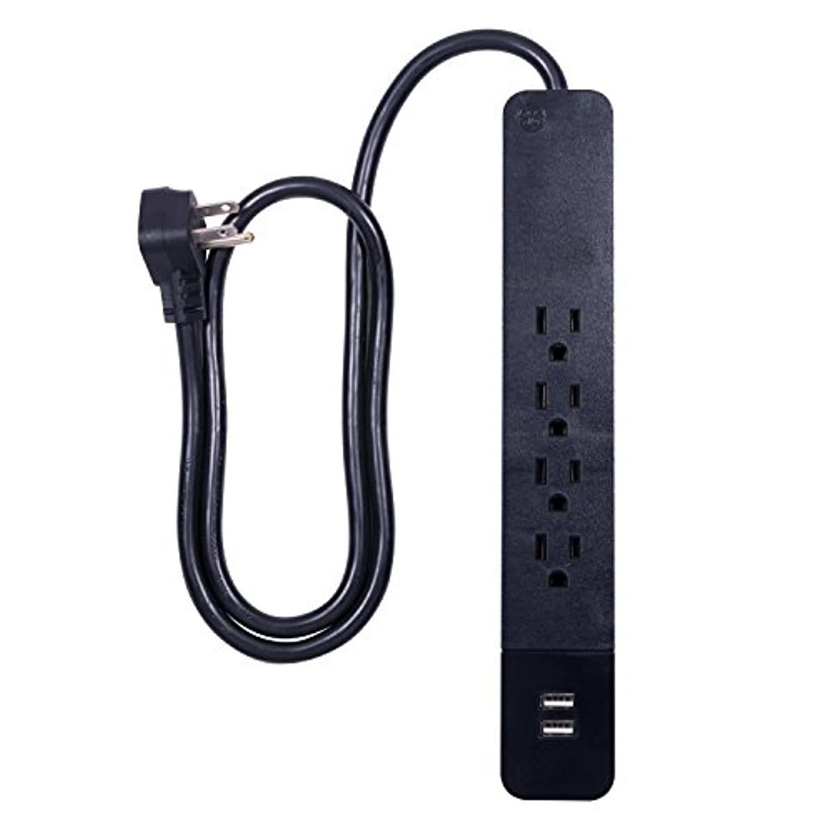 GE, Black, Power Strip Surge Protector, Charger, 4 Outlets, 2 USB Ports, Fast Charge, Flat Plug, Long Cord, 3ft, 37053, 3 Ft