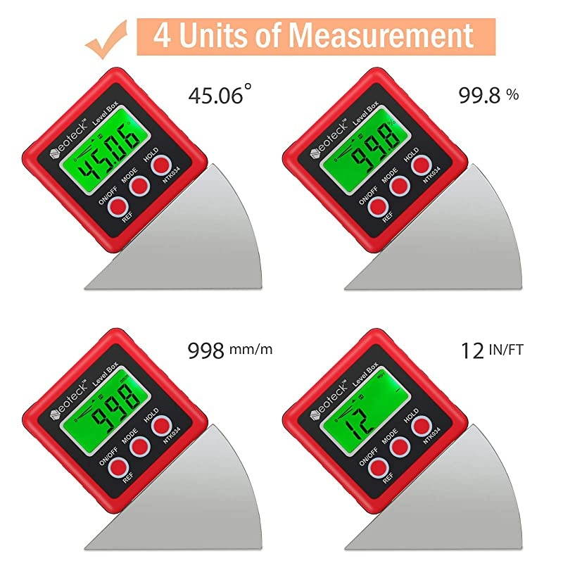 Digital Angle Finder, Backlight LCD Digital Angle Gauge Protractor Inclinometer Bevel Box, Magnetic Base, Data Hold, IP54 Dust and Water Resistant- Red