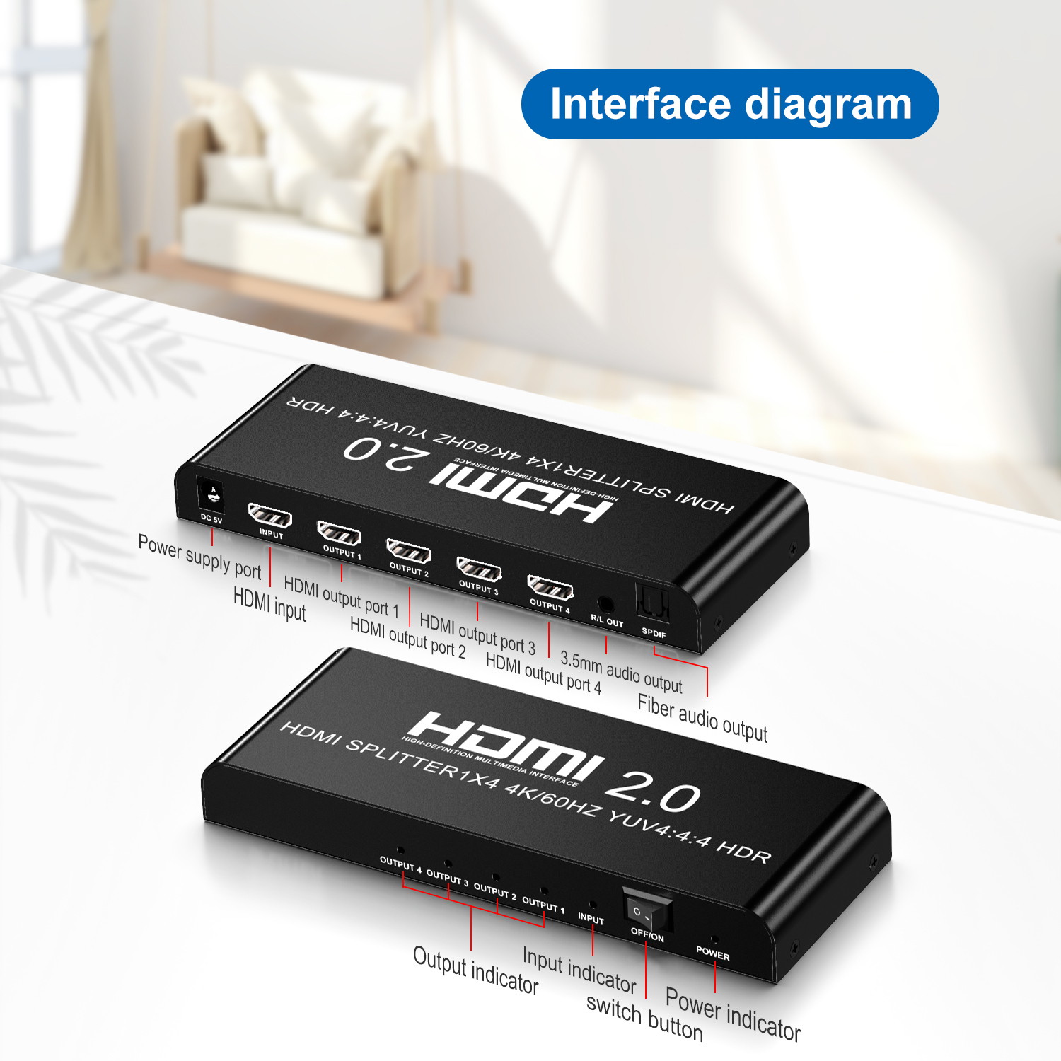 4K@60fs HDMI Splitter 1x4 HDMI 2.0 Splitter 4 Display (Same Time) 3.5mm Audio Output Optical SPDIF Toslink with Power Supply for HDTV Blu-ray DVD HD-DVD Players PS3 PS4 XBOX PC laptop