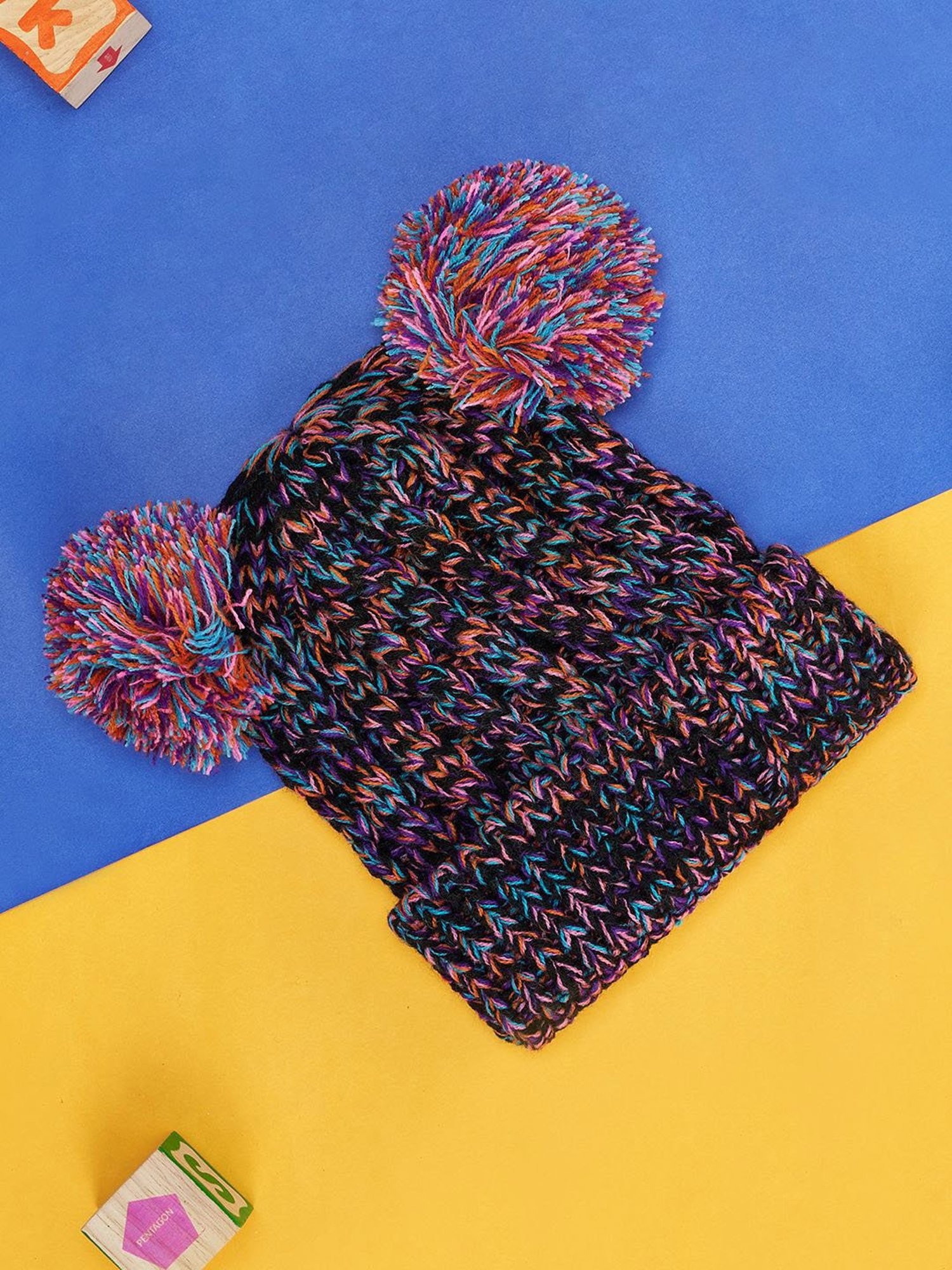 Pantaloons Junior Multicoloured Woven Bobble Hat