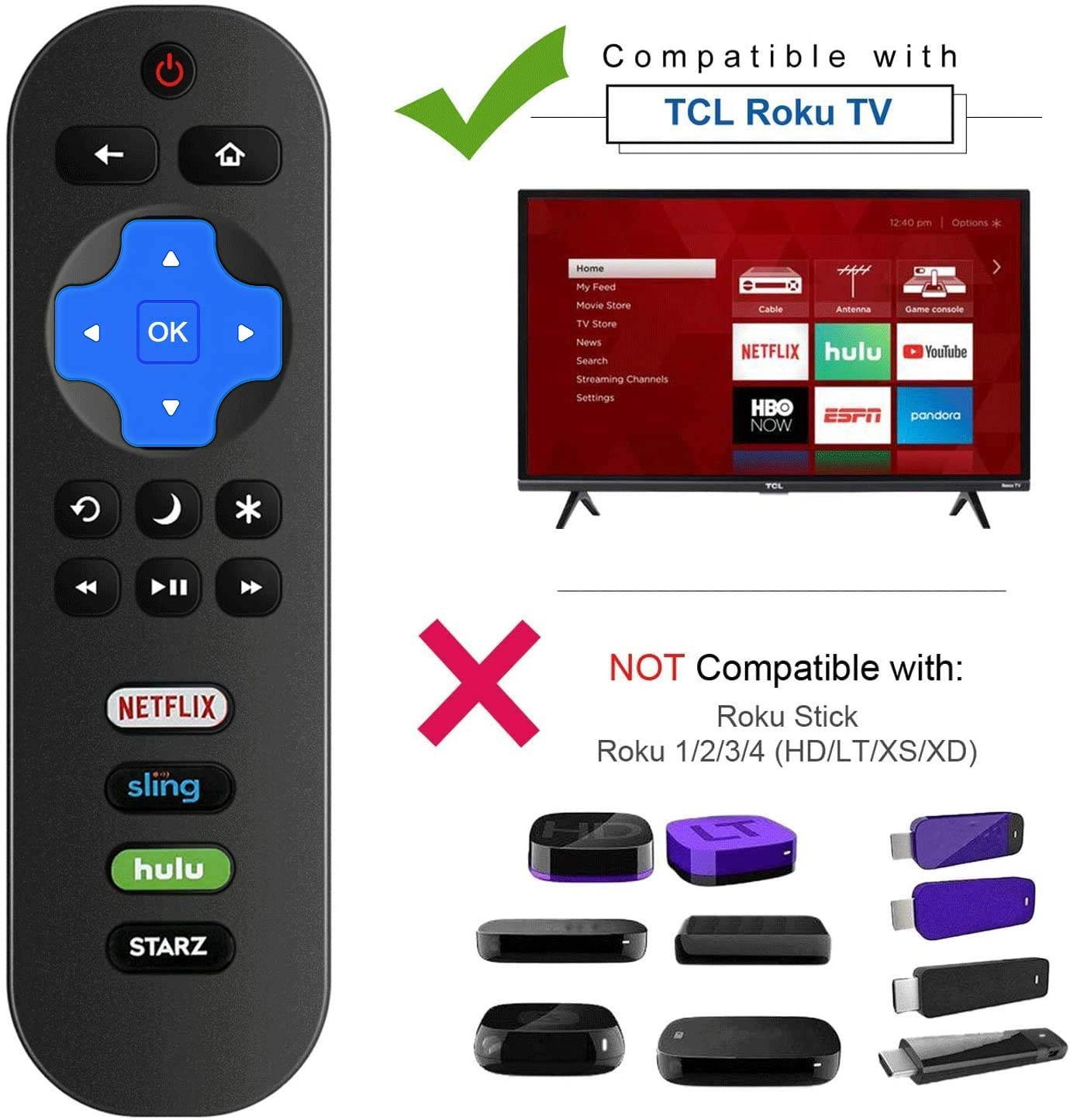 Motiexic RC280 RC282 Remote Control Compatible with TCL Roku 4K TV 32S305 32s325 49S405 49S403 43S303 55S403 32S301 50FS3800 32S3750 32S3800 32S4610R 32S3850A 32S3700 43FP110 55s405 43S425 with Holder