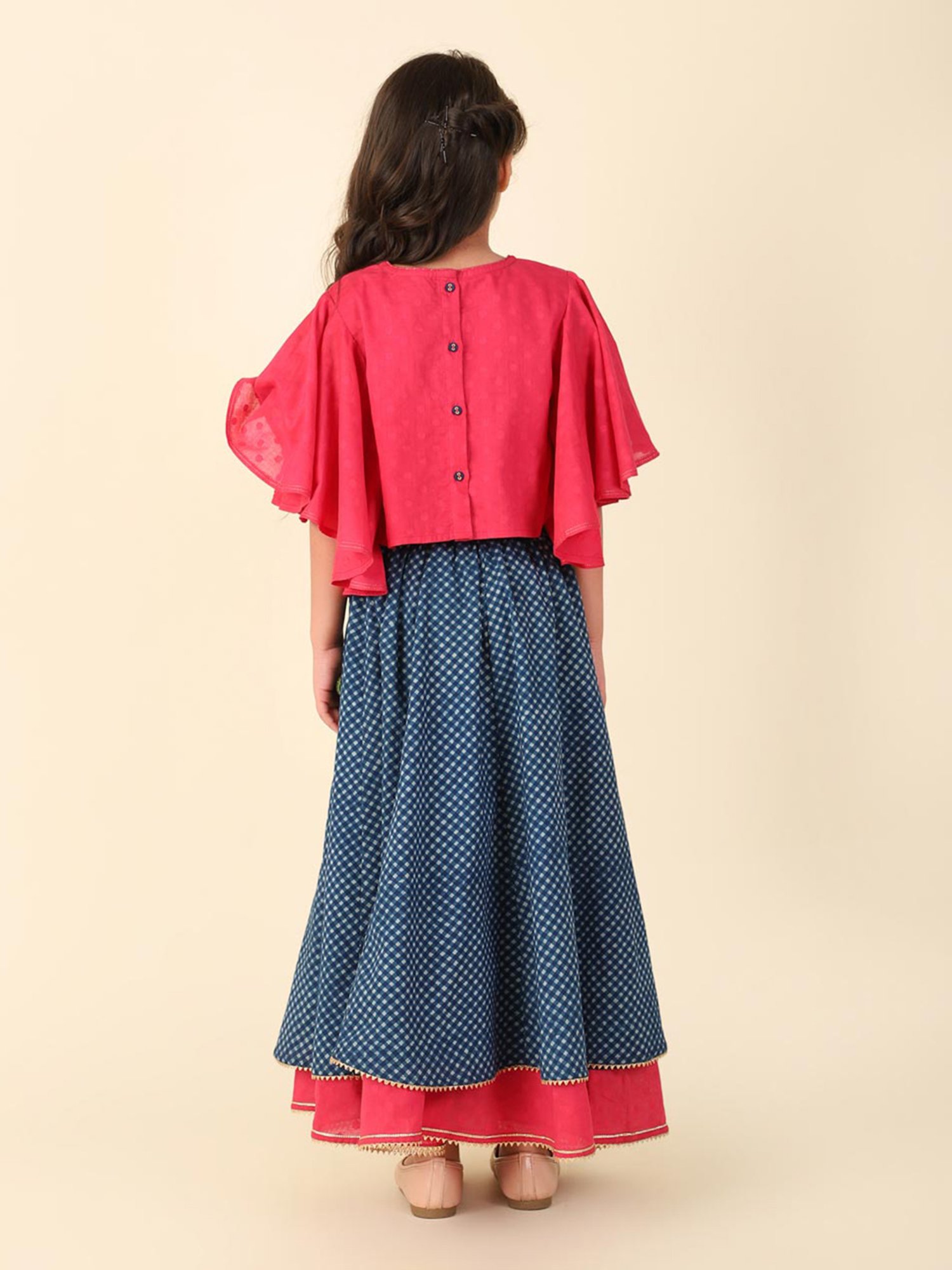 Fabindia Kids Pink & Blue Printed Lehenga With Choli