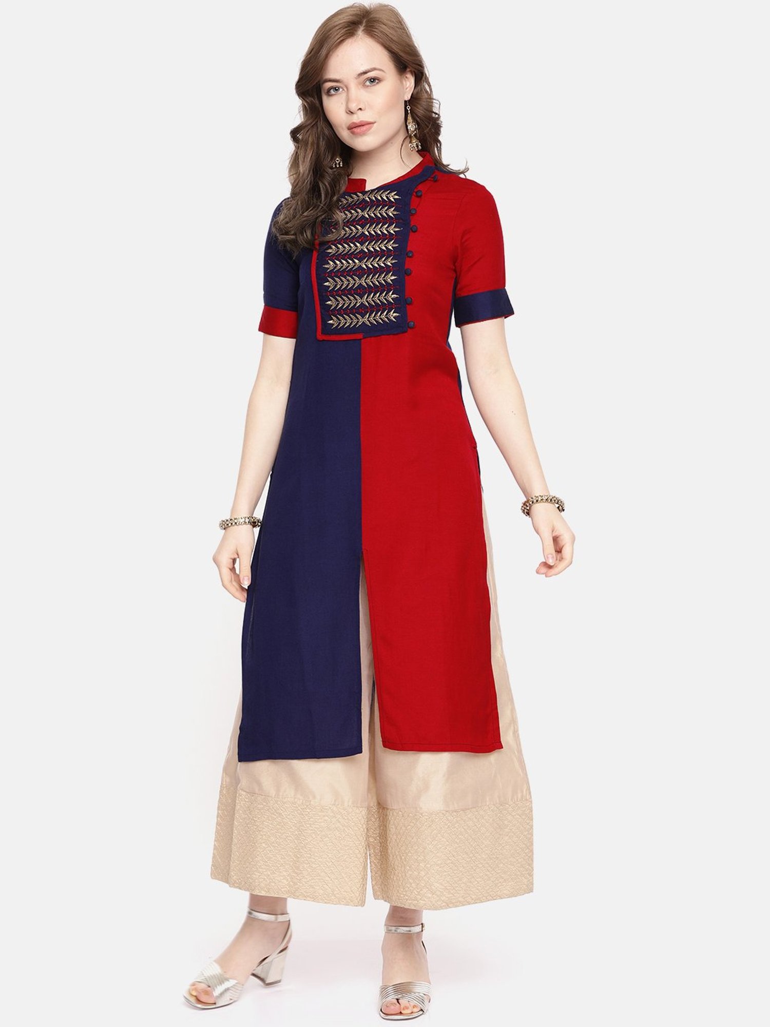 Alena Blue & Red Embroidered Straight Kurta