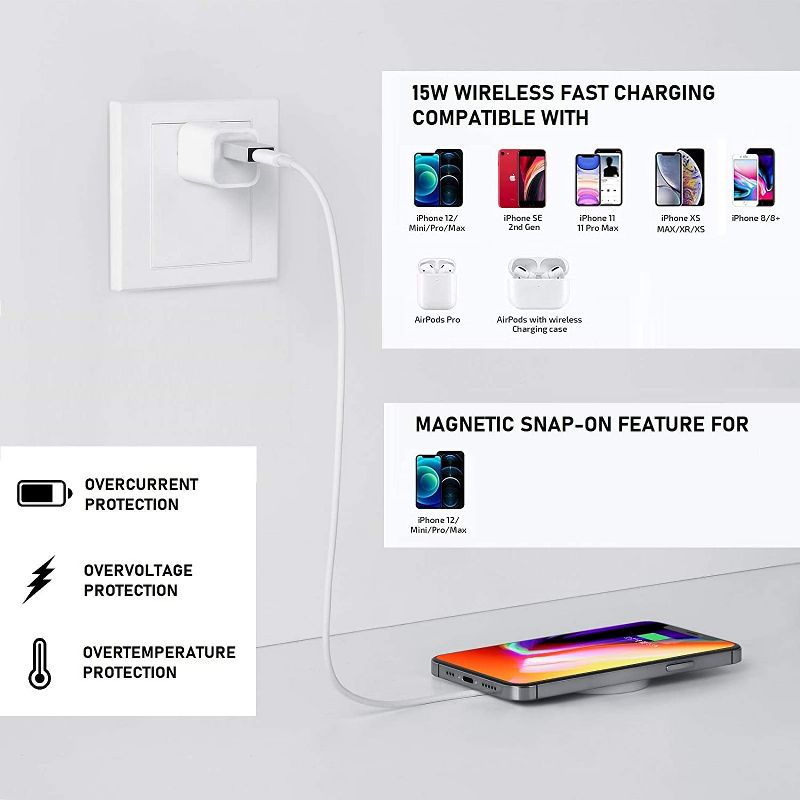 Wasserstein MagSafe Fast Wireless Charger Pad with 20W Quick Charge Power Adapter for iPhone 12, 12 Mini, 12 Pro, 12 Pro Max (White)