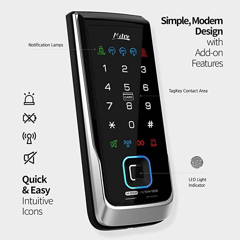 MI-500F Digital Rim Lock, Biometric Fingerprint, Notification Lamps, Double Locking, Manager Mode, Trespass Alarm, Battery Alarm, High Temperature Warning
