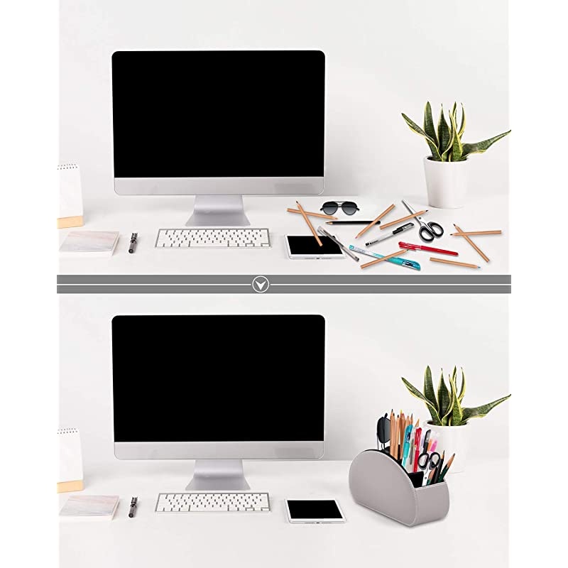 Remote Control Holders Organizer Box with 5 Compartment PU Leather Multi-functional Office Organization and Storage Caddy Store Remote Holders,Brush,Pencil,Glasses and Media Player (2GARY)