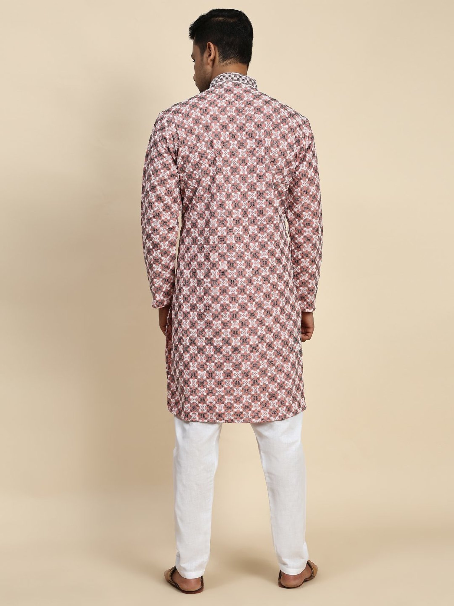 Pro-Ethic Style Developer Peach & White Cotton Regular Fit Embellished Kurta Bottom Set