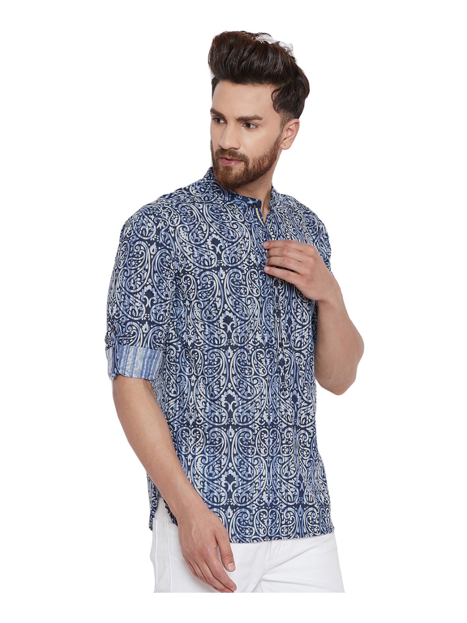 Even Blue Cotton Regular Fit Paisley Short Kurta