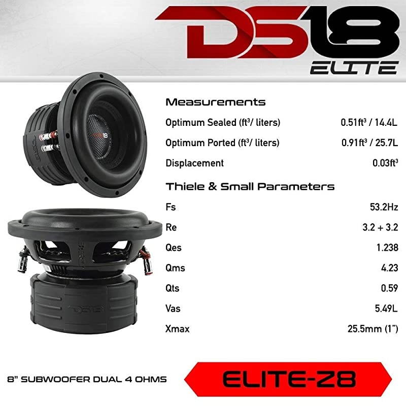 Elite Z8 Subwoofer in Black - 8", 900W Max Power, 500W RMS, Dual 4 Ohms, DVC - Premium Car Audio Bass Speaker Great for Low Frequencies and High Power Applications (1 Speaker)