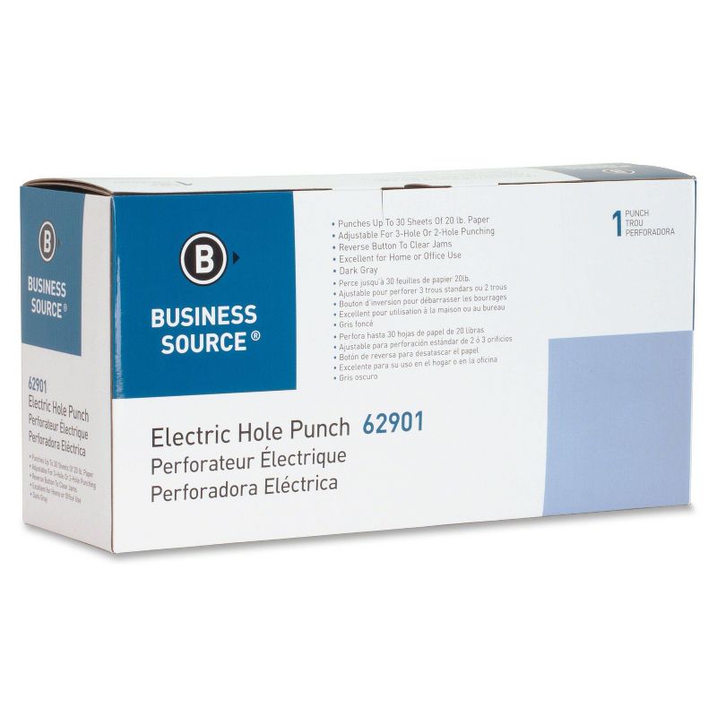 Business Source Electric Adjustable 3-hole Punch - 30 Sheet Capacity - 1/4" Punch Size - Gray