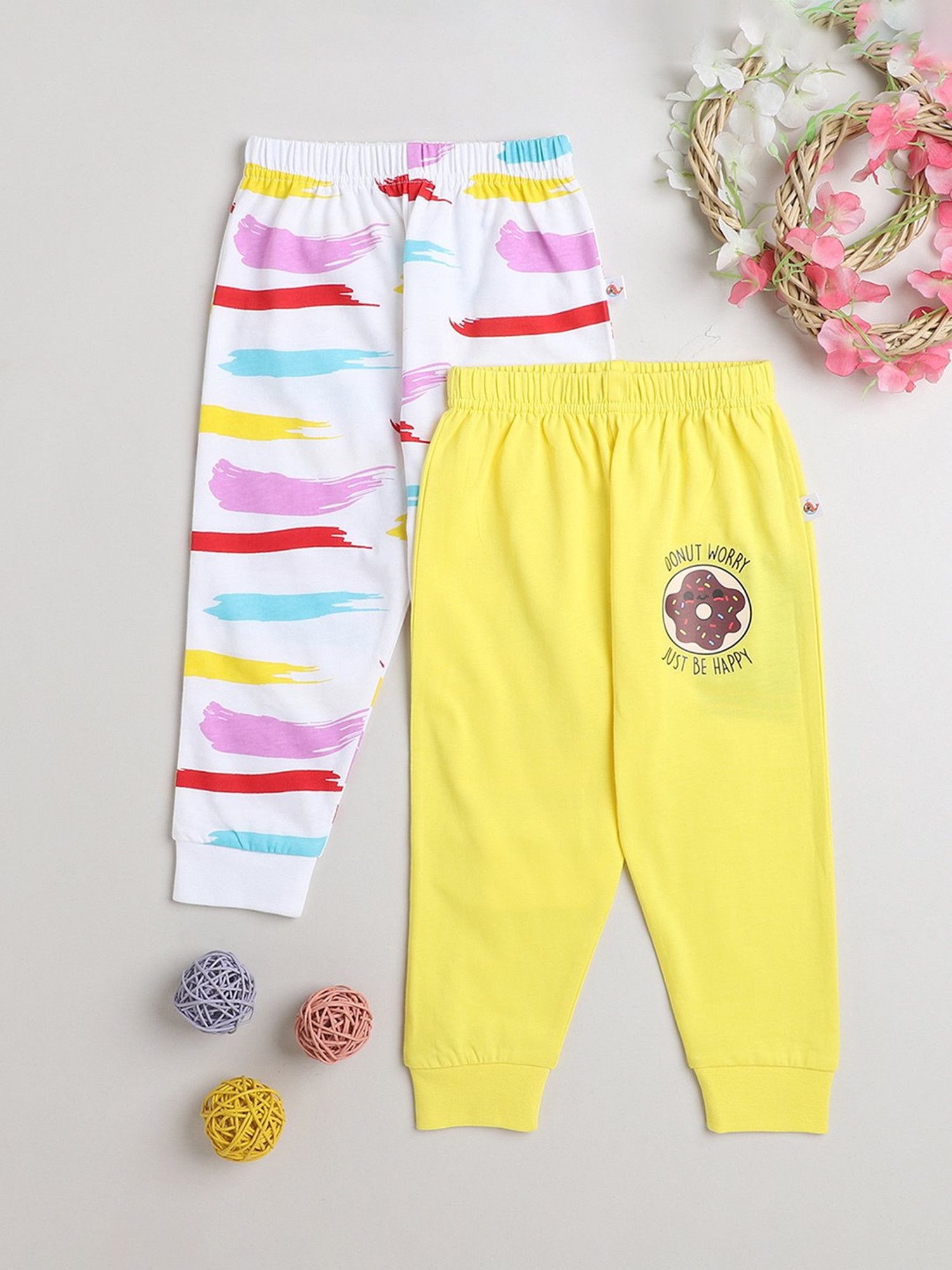 Bumzee Girls White & Yellow Printed Pyjamas (Pack Of 2)