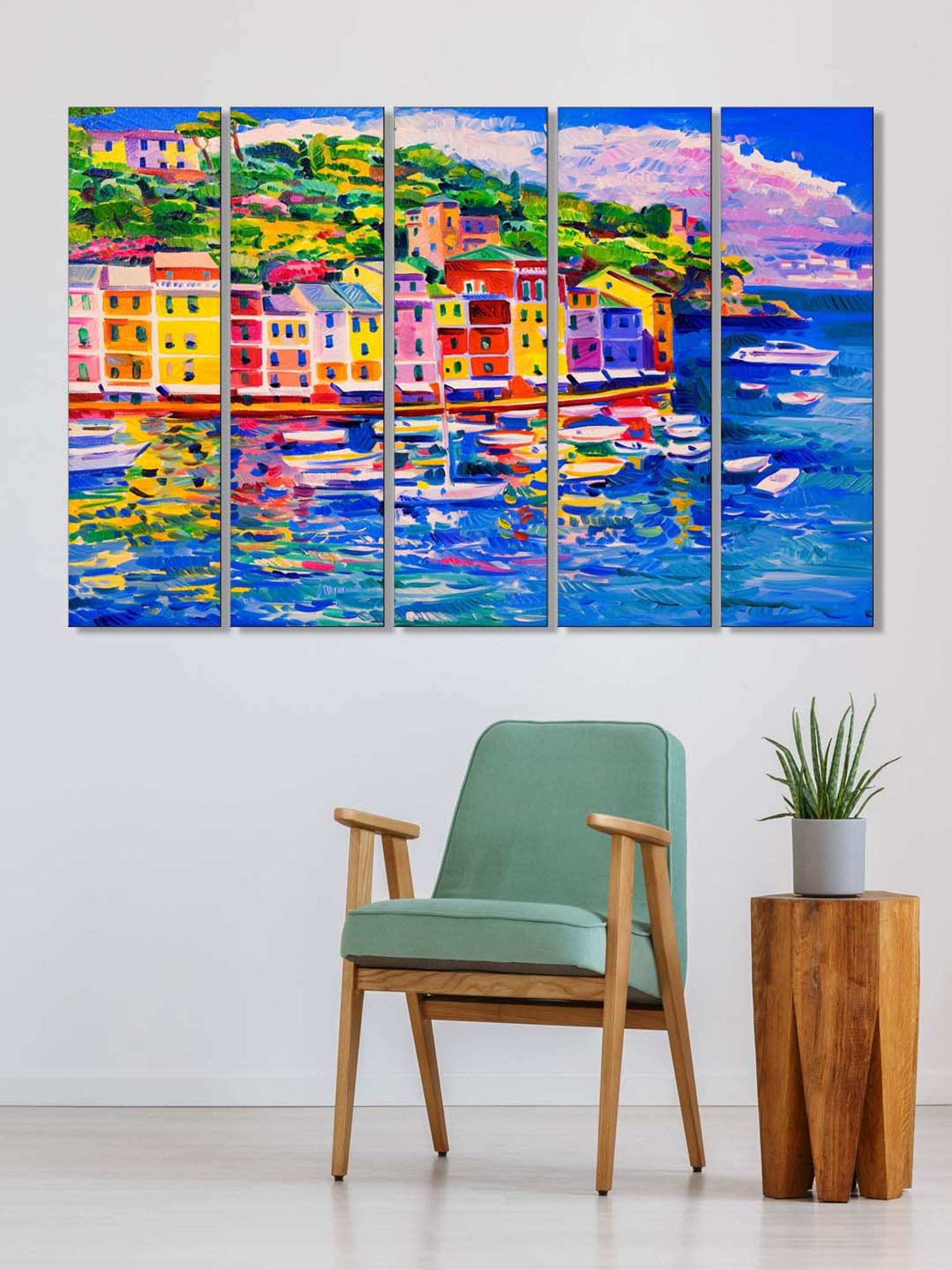 999Store Blue Modern City and Boat in Lake Art 5 Frame MDF Paintings