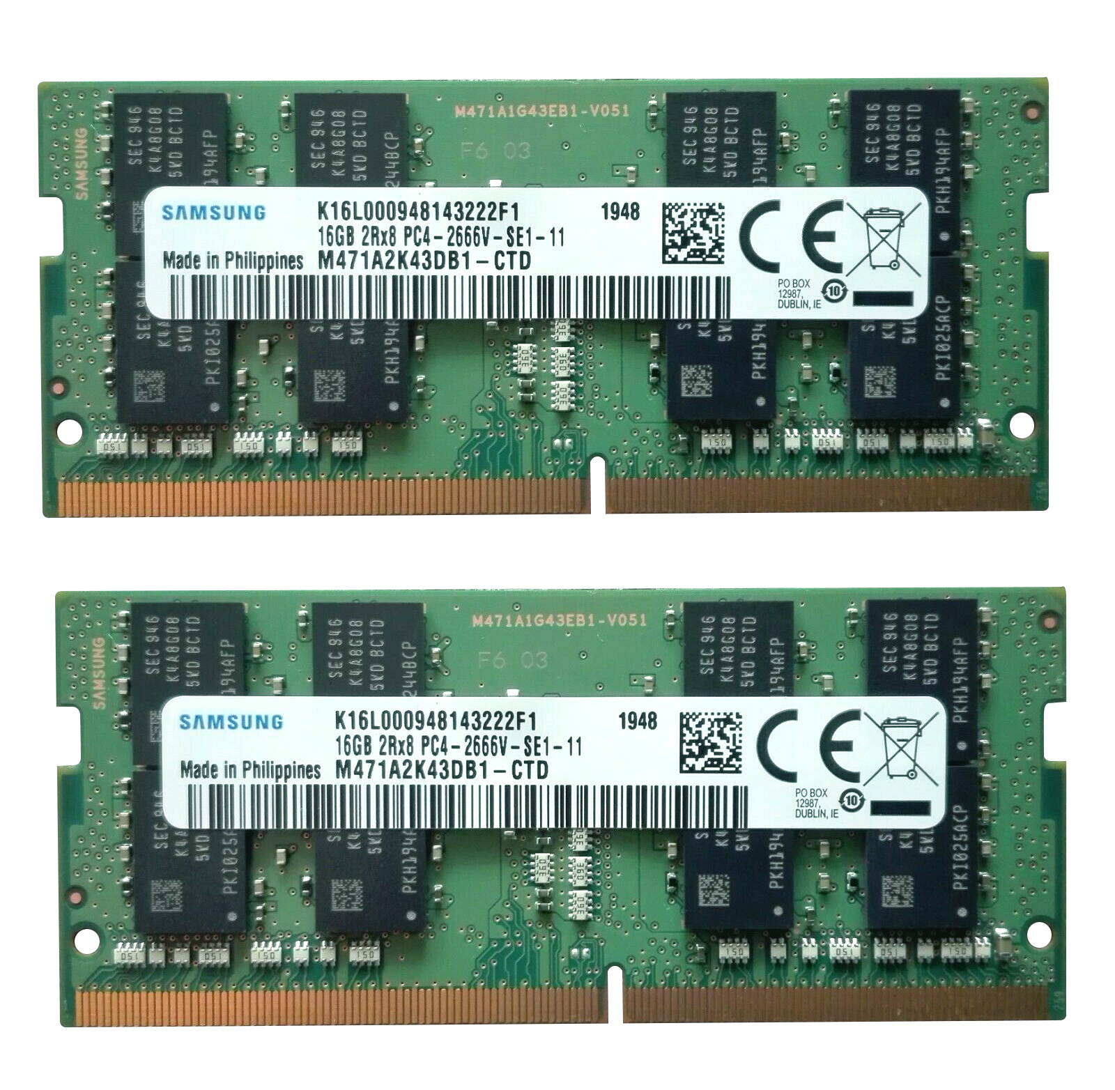 Samsung 32GB(2X16GB) DDR4 PC4-21300, 2666MHZ, 260 PIN SODIMM 1.2V CL 19 Laptop memory M471A2K43DB1-CTD