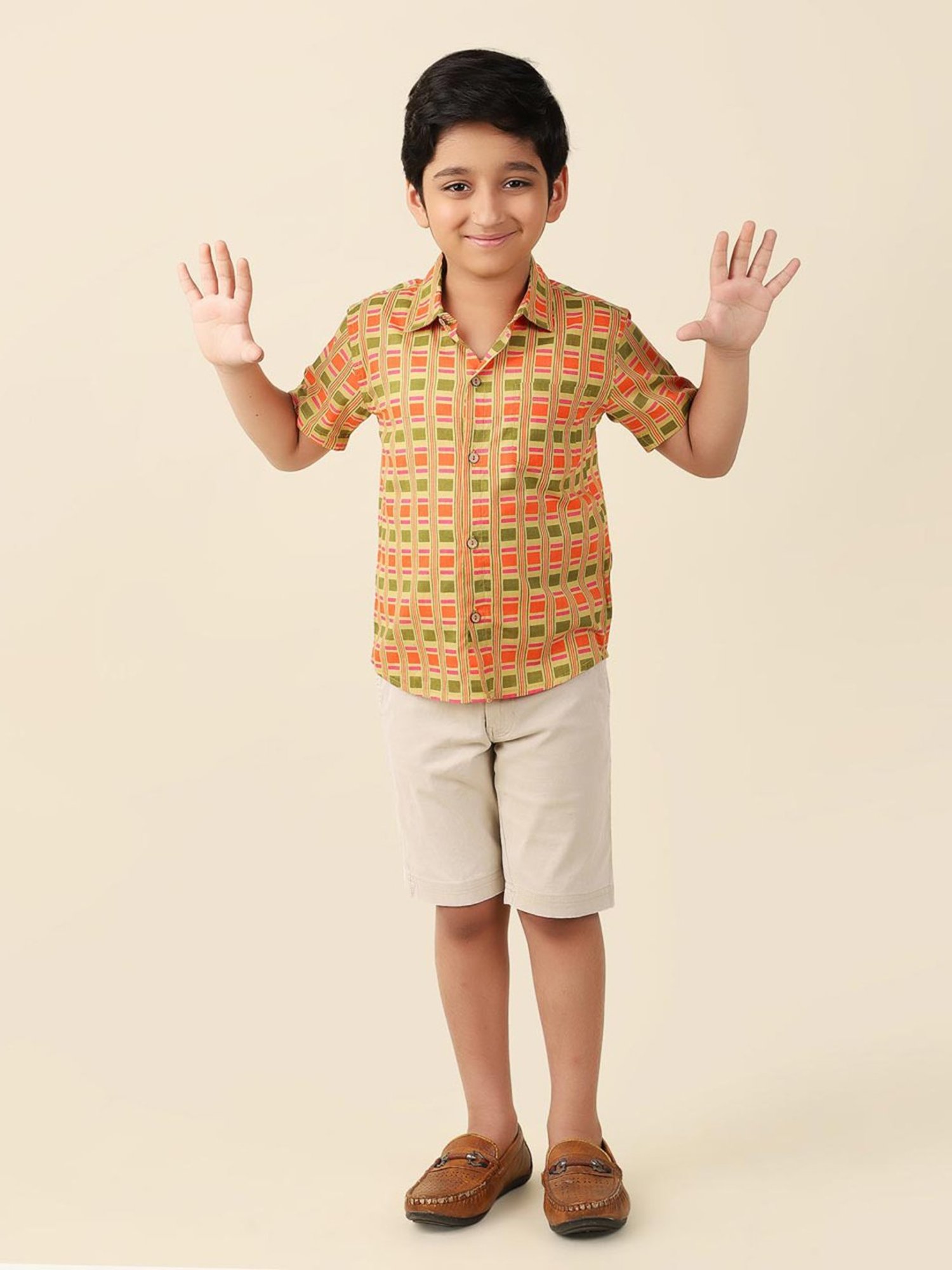 Fabindia Kids Lime Green & Orange Printed Shirt