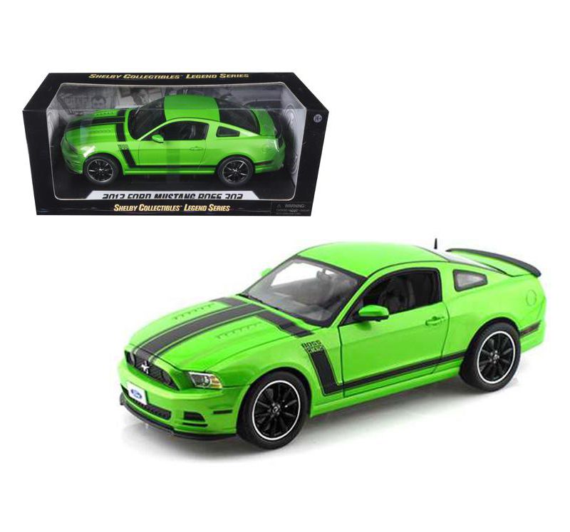 2013 Ford Mustang Boss 302 Green with Black Stripes 1/18 Diecast Model Car by Shelby Collectibles