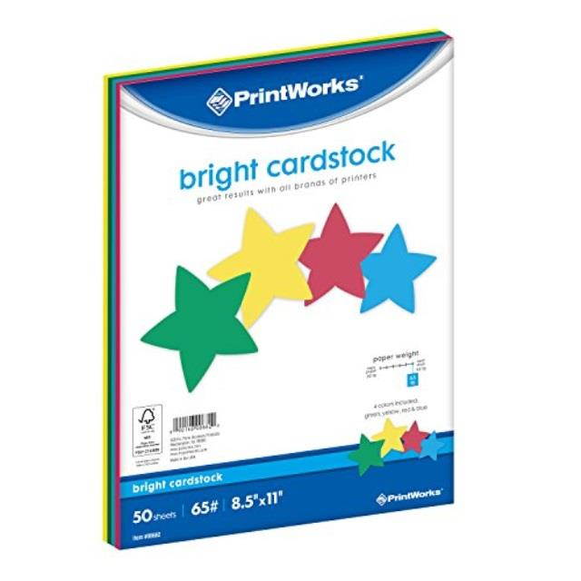 printworks bright cardstock, 65 lb, 4 assorted bright colors, fsc certified, perfect for school and craft projects, 50 sheets, 8.5" x 11" 00682