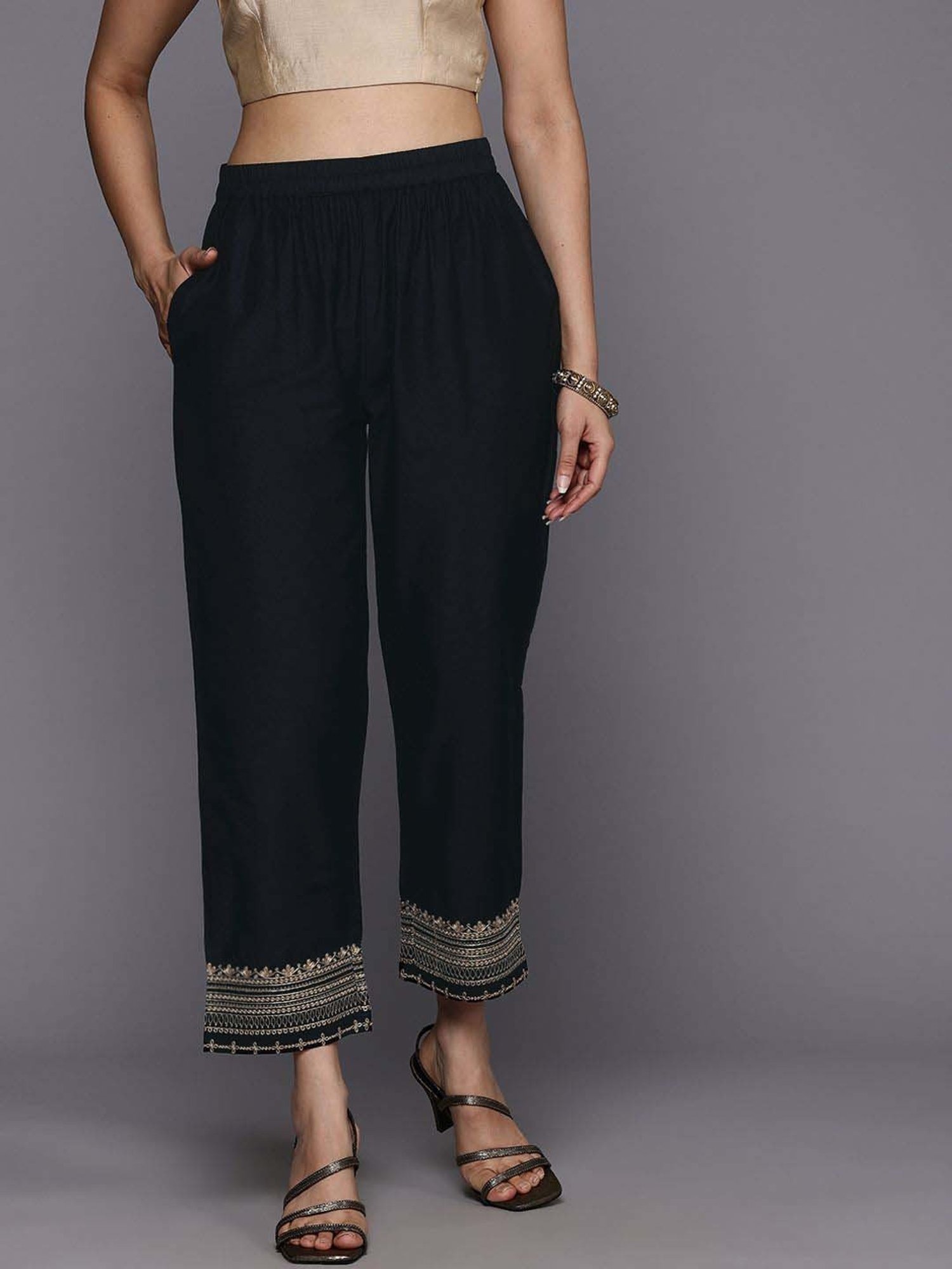 Varanga Black Cotton Embroidered Pants
