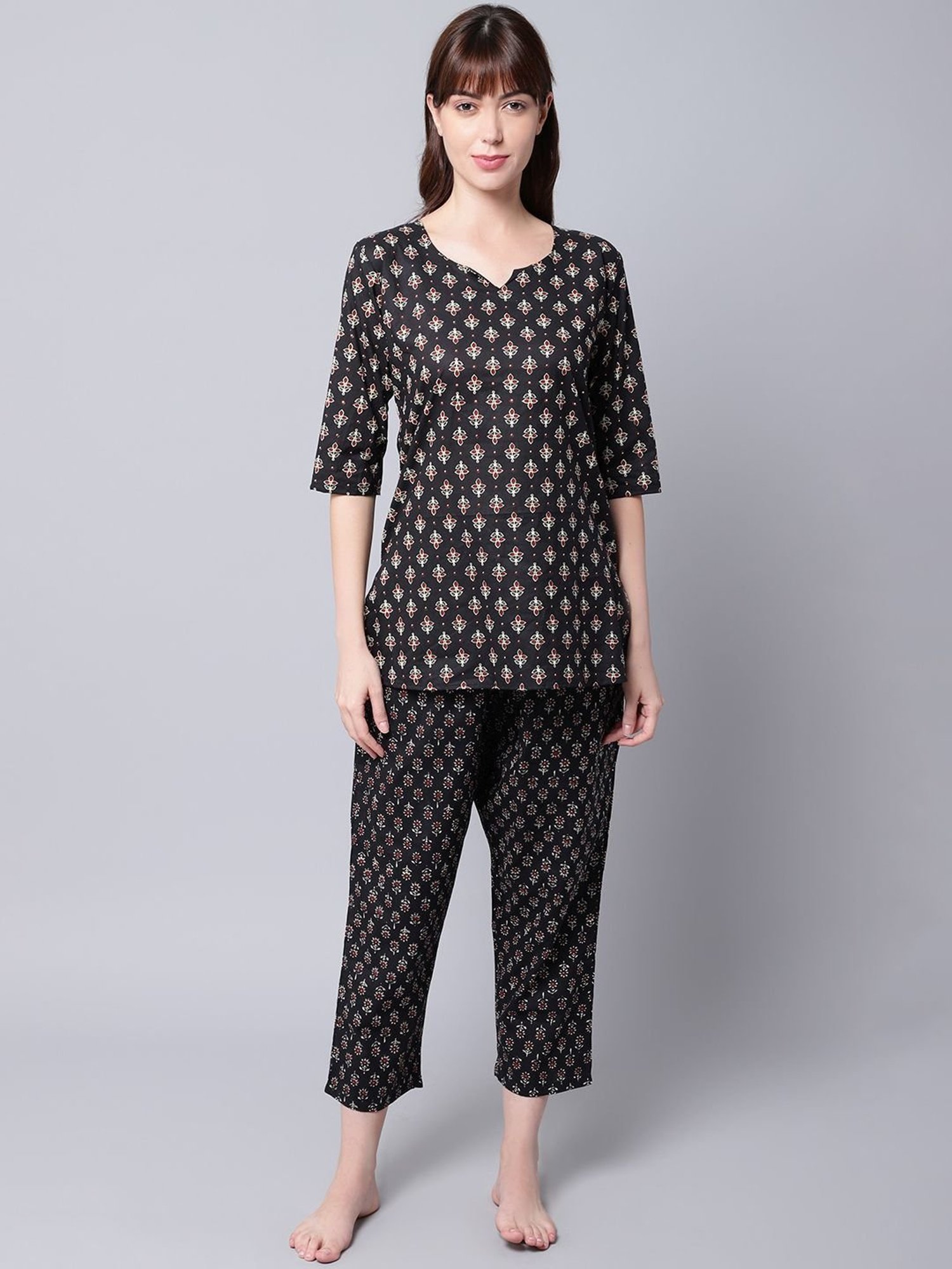 TAG 7 Black Cotton Printed Kurti Pant Set