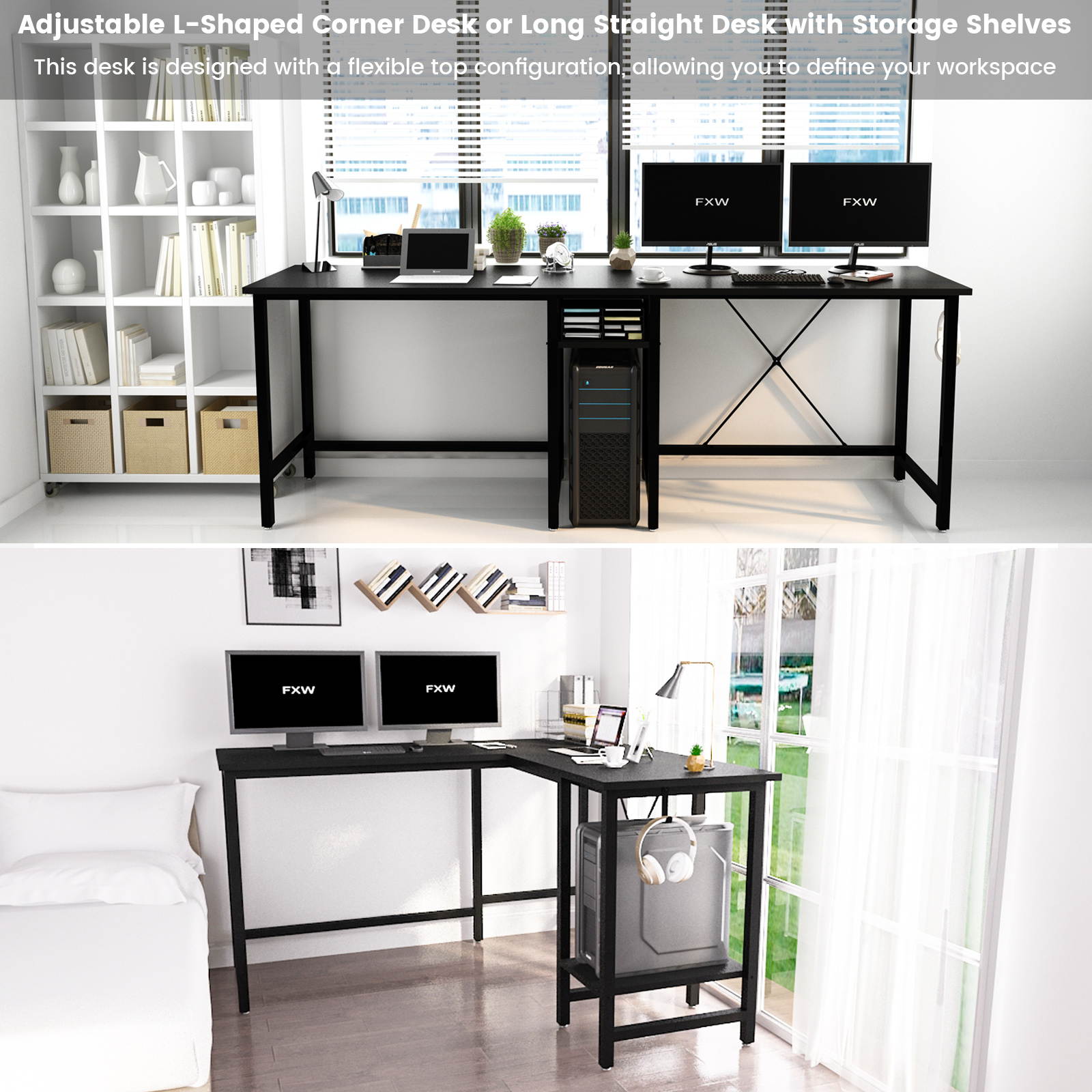 Greatlizard L-Shaped Computer Desk, 55-Inch Corner Desk for Home Office Writing Study Workstation Table with Storage Shelf, Adjustable 2 Person Long Desk PC Laptop Table for Space Saving