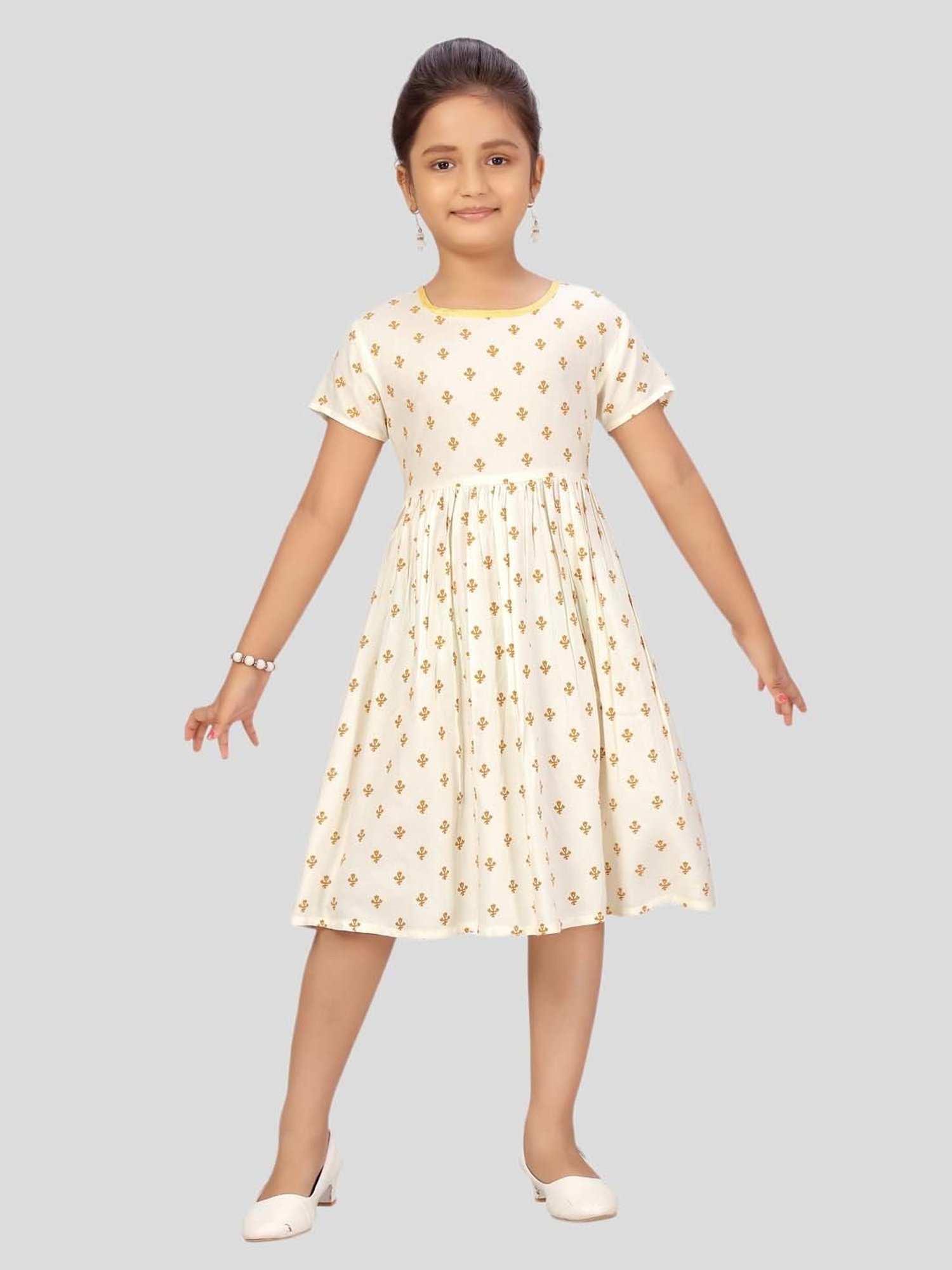 Aarika Kids White & Yellow Printed Frock Dress