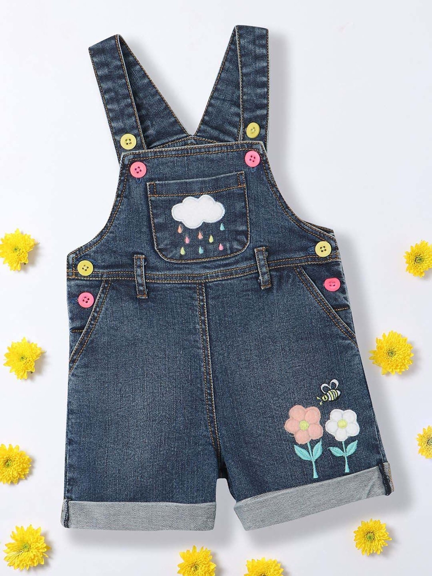 Nauti Nati Kids Blue Cotton Applique Dungaree