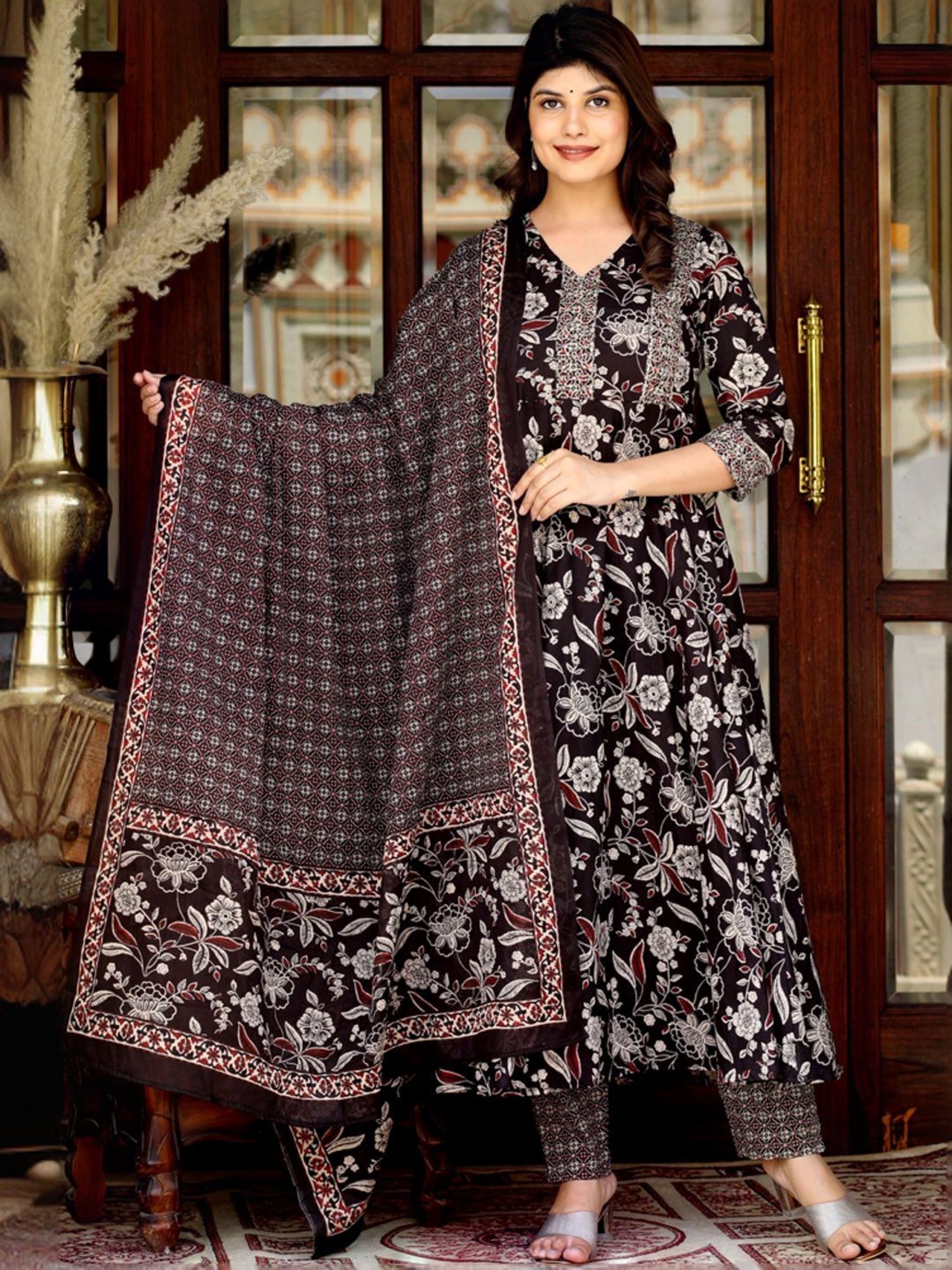 Miravan Black Cotton Embroidered Kurta Palazzo Set With Dupatta
