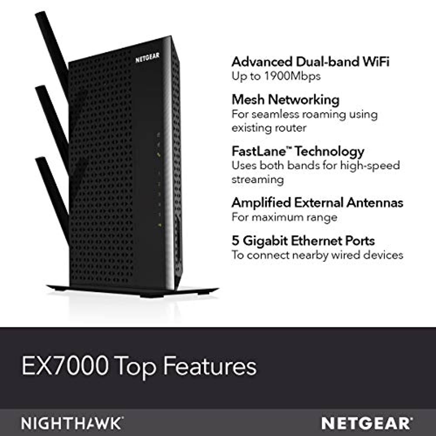 NETGEAR WiFi Mesh Range Extender EX7000 - Coverage up to 2100 sq.ft. and 35 devices with AC1900 Dual Band Wireless Signal Booster  and  Repeater (up to 1900Mbps speed), plus Mesh Smart (EX7000-100NAS)