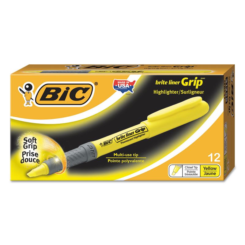 Bic Brite Liner Grip Highlighter Chisel Tip Fluorescent Yellow Ink Dozen GBL11YW