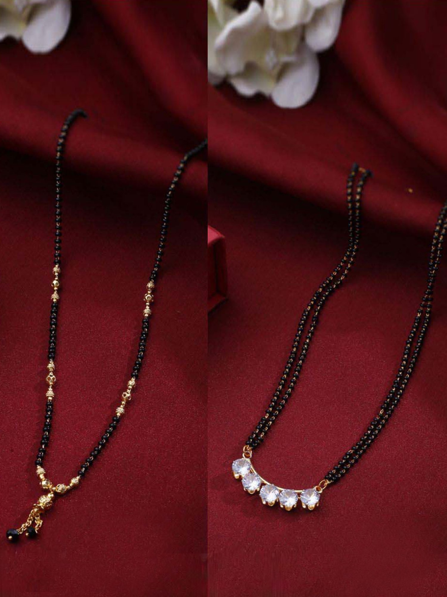 NVR Black Gold-Plated Beaded Mangalsutra with AD Stone for Women - Set of 2