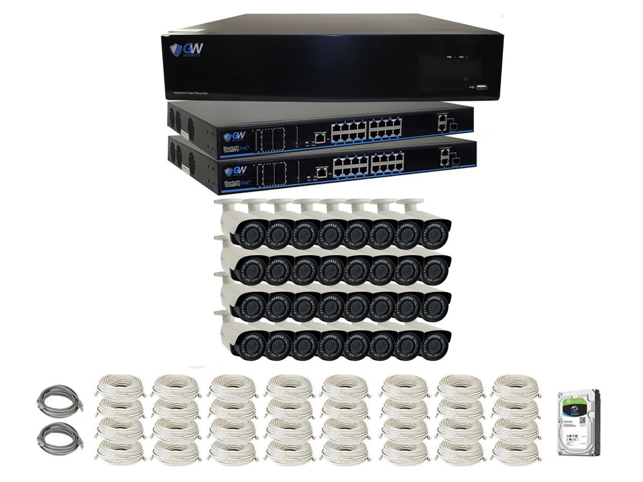 GW Security PoE 32CH H.265 NVR 4K 3840&times;2160 Security Camera System 32 Outdoor 8 Megapixels Motorized 2.8~12mm 4X Optical Zoom Lens Ethernet IP Security Bullet Cameras, Remote Home Monitoring (8TB HDD)